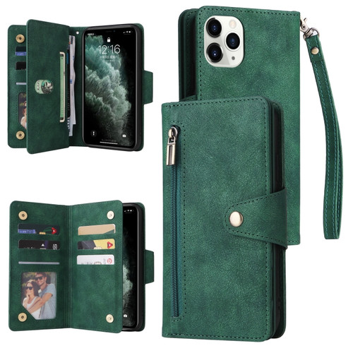iPhone 11 Pro Rivet Buckle 9 Cards Three Fold Leather Phone Case  - Green
