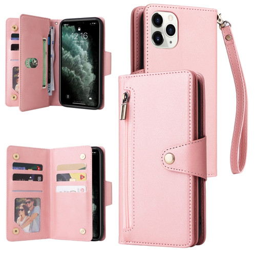 iPhone 11 Pro Rivet Buckle 9 Cards Three Fold Leather Phone Case  - Rose Gold