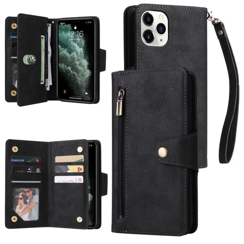 iPhone 11 Pro Rivet Buckle 9 Cards Three Fold Leather Phone Case  - Black