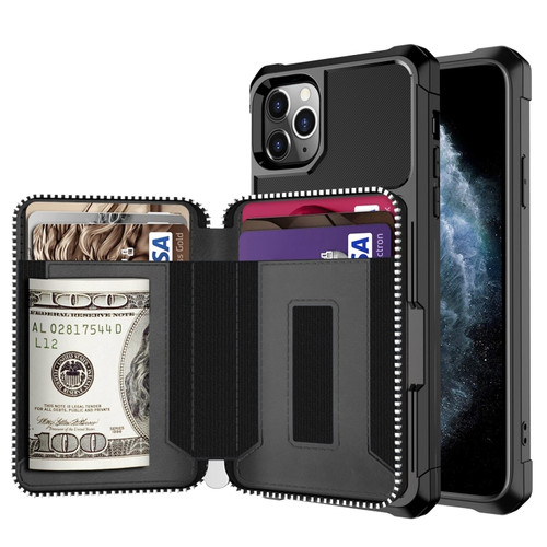 iPhone 11 Pro Zipper Wallet Card Bag PU Back Case  - Black
