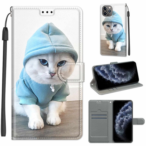 iPhone 11 Pro Voltage Colored Drawing Magnetic Clasp Horizontal Flip PU Leather Case with Holder & Card Slots  - C15 Blue Sweater White Cat