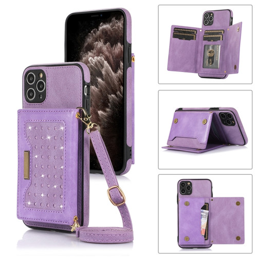 iPhone 11 Pro Three-fold RFID Leather Phone Case with Lanyard - Purple