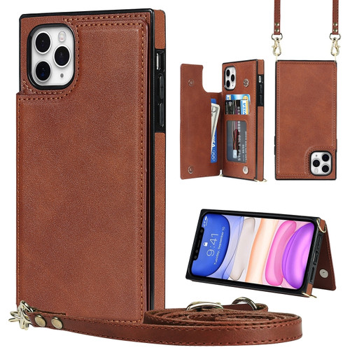 iPhone 11 Pro Cross-body Square Double Buckle Flip Card Bag TPU+PU Case with Card Slots & Wallet & Photo & Strap  - Brown