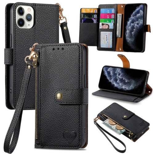 iPhone 11 Pro Love Zipper Lanyard Leather Phone Case - Black