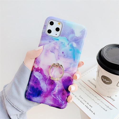 iPhone 11 Pro TPU Smooth Marble with Ring Metal Rhinestone Bracket Mobile Phone Protective Case - Purple Stone Q7
