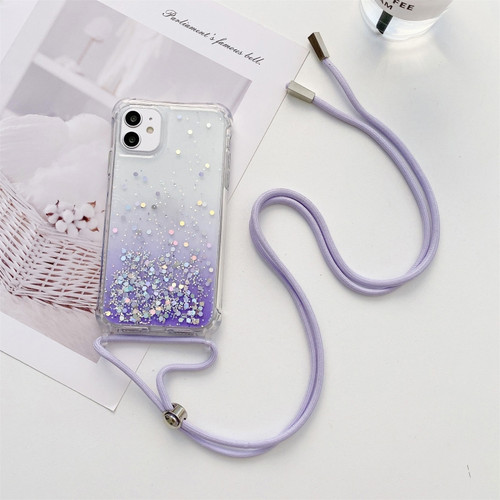 iPhone 11 Pro Gradient Glitter Powder Epoxy TPU Thickened Acrylic Shockproof Case with Round Neck Lanyard  - Purple