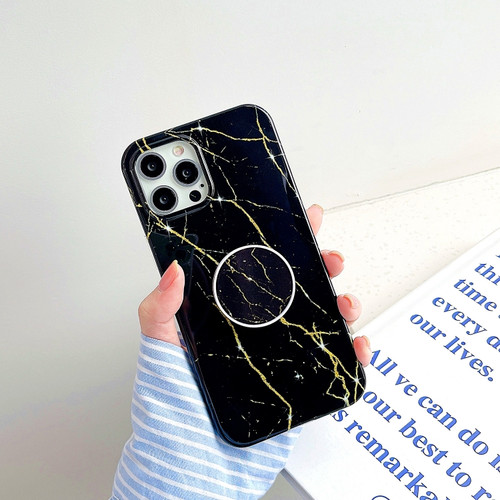 iPhone 11 Pro Thickened TPU Glazed Marble Pattern Case with Folding Holder - Black