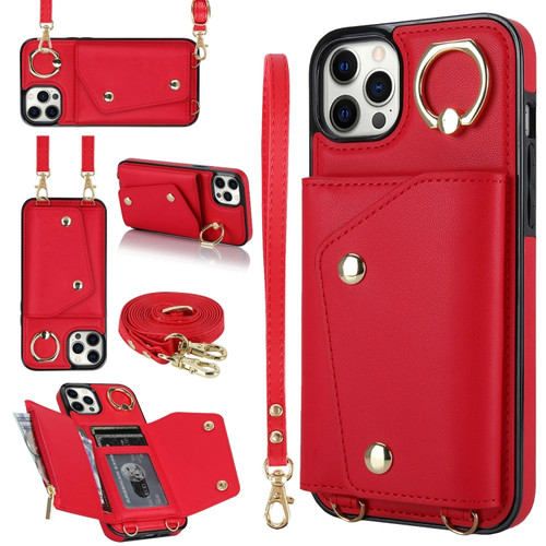 iPhone 11 Pro Zipper Card Bag Phone Case with Dual Lanyard - Red