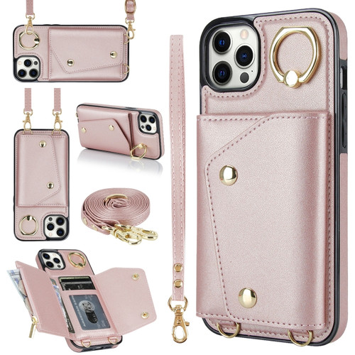 iPhone 11 Pro Zipper Card Bag Phone Case with Dual Lanyard - Rose Gold
