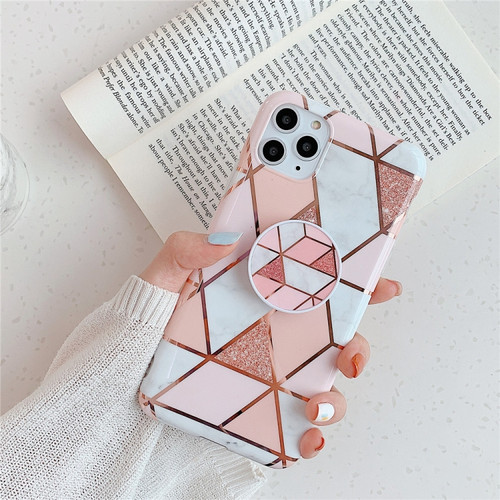 iPhone 11 Pro Plating Colorful Geometric Pattern Mosaic Marble TPU Mobile Phone Casewith Folding Bracket - Pink PF1