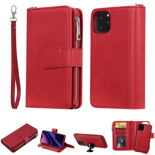 iPhone 11 Pro 2 in 1 Solid Color Zipper Shockproof Protective Case with Card Slots & Bracket & Photo Holder & Wallet Function - Red