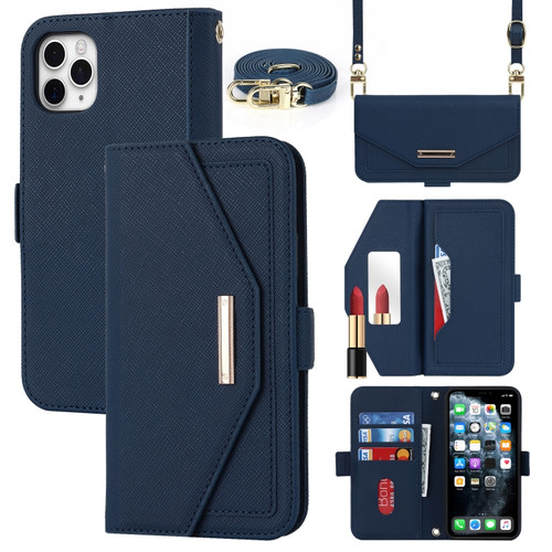 iPhone 11 Pro Cross Texture Lanyard Leather Phone Case - Blue