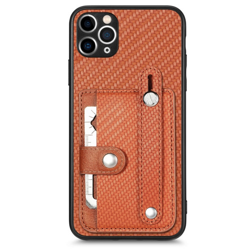 iPhone 11 Pro Wristband Kickstand Card Wallet Back Cover Phone Case with Tool Knife - Brown