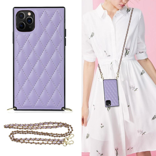 iPhone 11 Pro Elegant Rhombic Pattern Microfiber Leather +TPU Shockproof Case with Crossbody Strap Chain  - Purple