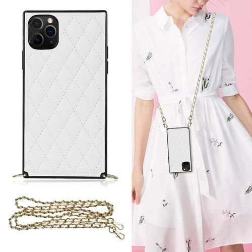 iPhone 11 Pro Elegant Rhombic Pattern Microfiber Leather +TPU Shockproof Case with Crossbody Strap Chain  - White