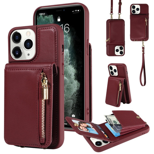 iPhone 11 Pro Crossbody Lanyard Zipper Wallet Leather Phone Case - Wine Red