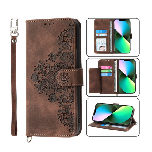iPhone 11 Pro Skin-feel Flowers Embossed Wallet Leather Phone Case - Brown