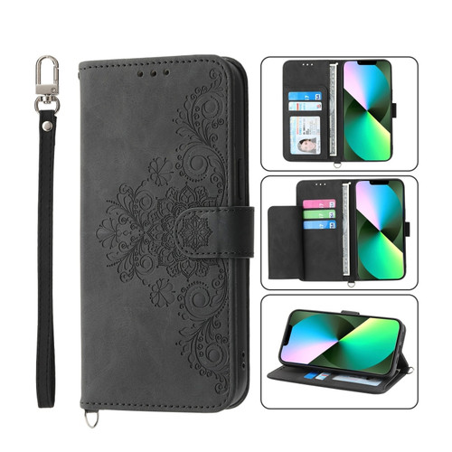 iPhone 11 Pro Skin-feel Flowers Embossed Wallet Leather Phone Case - Black