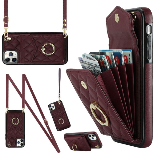 iPhone 11 Pro Rhombic Texture Card Bag Phone Case with Long Lanyard - Wine Red