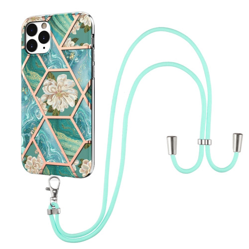 iPhone 11 Pro Electroplating Splicing Marble Flower Pattern TPU Shockproof Case with Lanyard  - Blue Flower