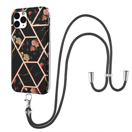 iPhone 11 Pro Electroplating Splicing Marble Flower Pattern TPU Shockproof Case with Lanyard  - Black Flower