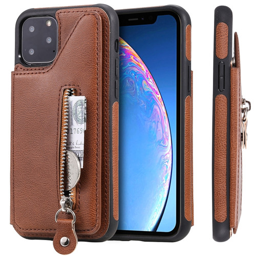 iPhone 11 Pro Solid Color Double Buckle Zipper Shockproof Protective Case - Brown