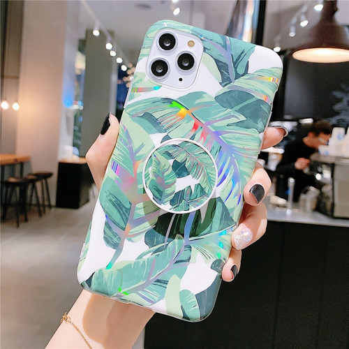 iPhone 11 Pro Colorful Laser Flower Series IMD TPU Mobile Phone CaseWith Folding Stand - Banana Leaf KB1