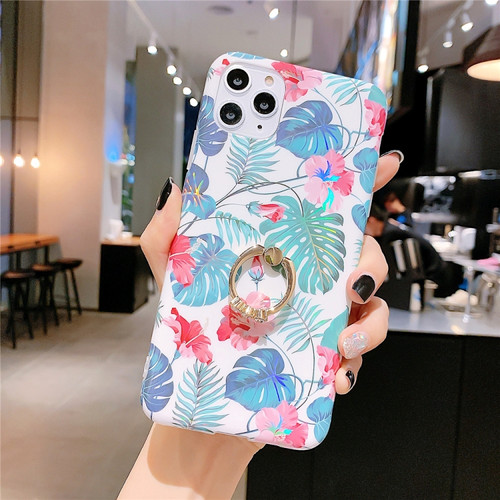 iPhone 11 Pro Colorful Laser Flower Series IMD TPU Mobile Phone CaseWith Ring Bracket Rhinestones - Monstera KC3