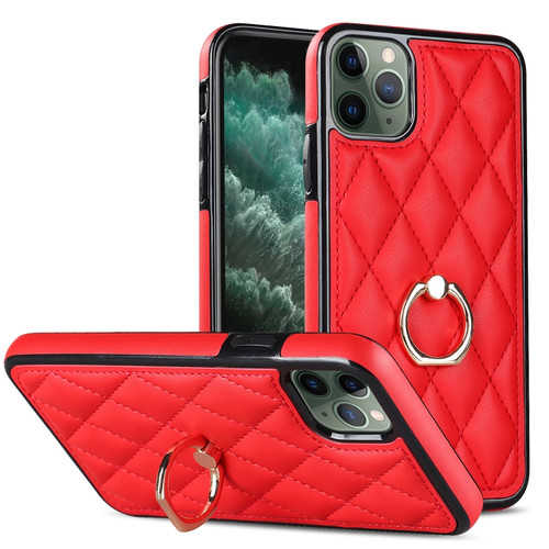 iPhone 11 Pro Rhombic PU Leather Phone Case with Ring Holder - Red