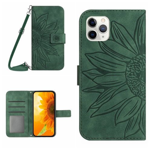 iPhone 11 Pro Skin Feel Sun Flower Pattern Flip Leather Phone Case with Lanyard - Green