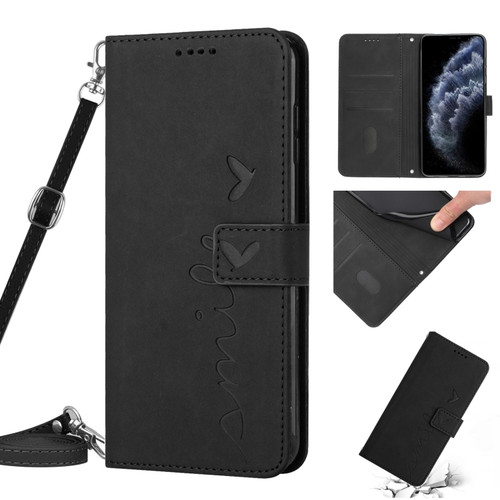 iPhone 11 Pro Skin Feel Heart Pattern Leather Phone Case With Lanyard  - Black