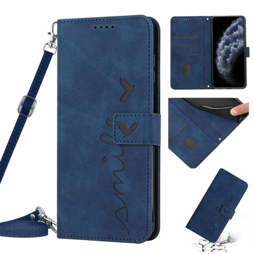 iPhone 11 Pro Skin Feel Heart Pattern Leather Phone Case With Lanyard  - Blue
