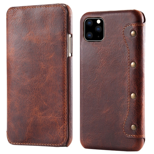 iPhone 11 Pro Denior Oil Wax Top Layer Cowhide Simple Flip Leather Case - Brown