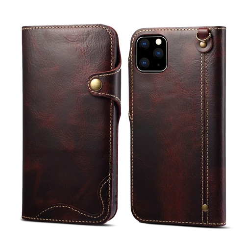 iPhone 11 Pro Denior Oil Wax Cowhide Magnetic Button Horizontal Flip Leather Case with Card Slots & Wallet - Dark Red