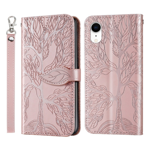 iPhone XR Life of Tree Embossing Pattern Horizontal Flip Leather Case with Holder & Card Slot & Wallet & Photo Frame & Lanyard - Rose Gold