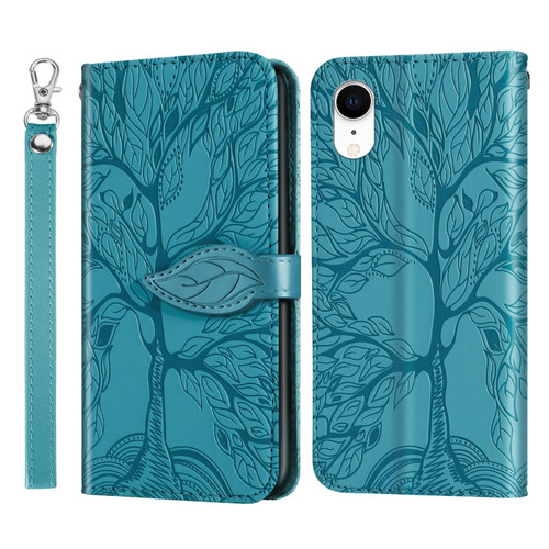 iPhone XR Life of Tree Embossing Pattern Horizontal Flip Leather Case with Holder & Card Slot & Wallet & Photo Frame & Lanyard - Lake Blue