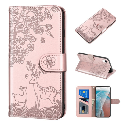 iPhone XR Sika Deer Embossing Pattern Horizontal Flip PU Leather Case with Holder & Card Slot & Wallet & Photo Frame - Rose Gold