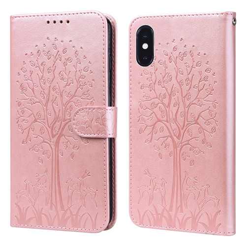 iPhone XR Tree & Deer Pattern Pressed Printing Horizontal Flip Leather Phone Case - Pink