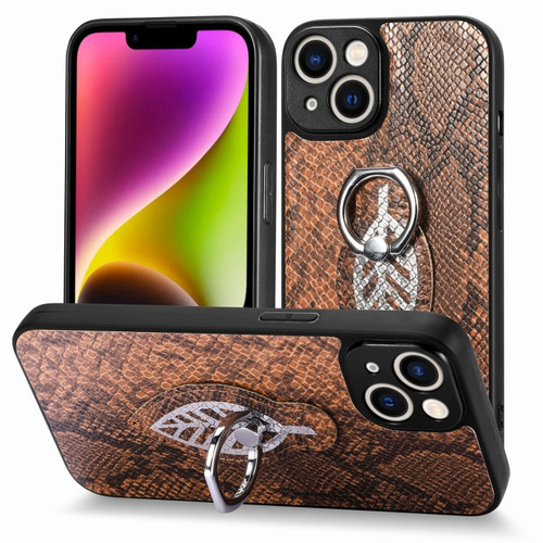 iPhone XR Snakeskin Leather Back Cover Ring  Phone Case - Brown