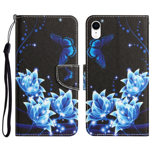 iPhone XR Colored Drawing Leather Phone Case - Blue Butterfly