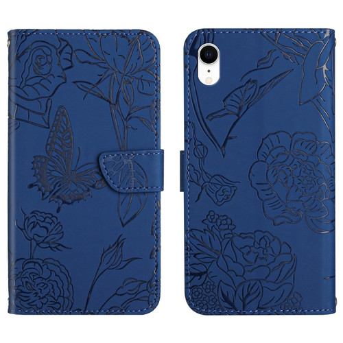 iPhone XR Skin Feel Butterfly Peony Embossed Leather Phone Case - Blue