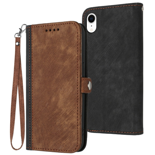 iPhone XR Side Buckle Double Fold Hand Strap Leather Phone Case - Brown