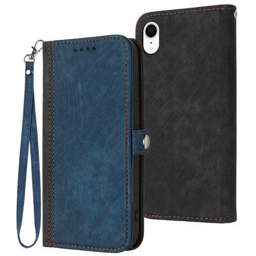 iPhone XR Side Buckle Double Fold Hand Strap Leather Phone Case - Royal Blue