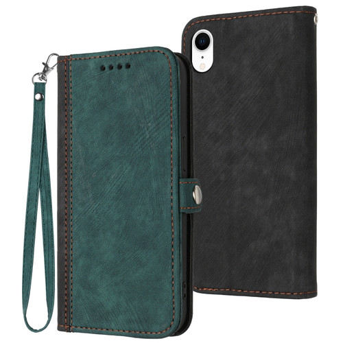 iPhone XR Side Buckle Double Fold Hand Strap Leather Phone Case - Dark Green