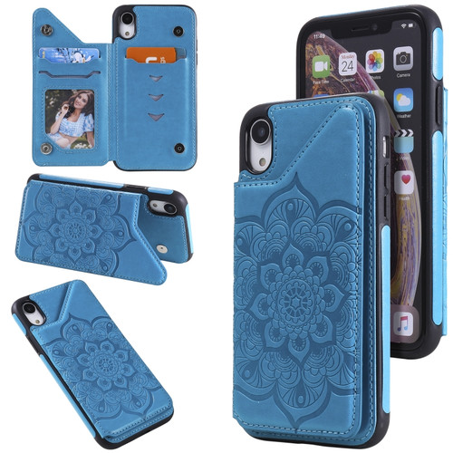 iPhone XR Flower Embossing Pattern Shockproof Protective Case with Holder & Card Slots & Photo Frame - Blue