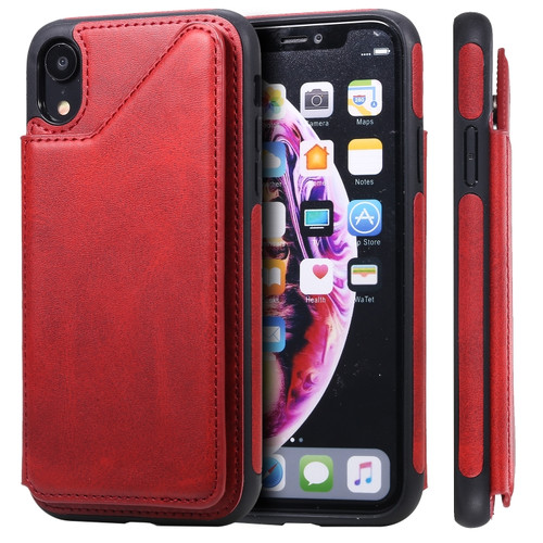 iPhone XR Shockproof Calf Texture Protective Case with Holder & Card Slots & Frame - Red