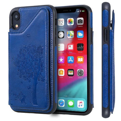 iPhone XR Cat Tree Embossing Pattern Shockproof Protective Case with Card Slots & Photo Frame & Holder - Blue