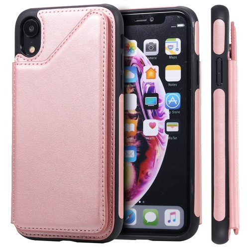 iPhone XR Shockproof Calf Texture Protective Case with Holder & Card Slots & Frame - Rose Gold