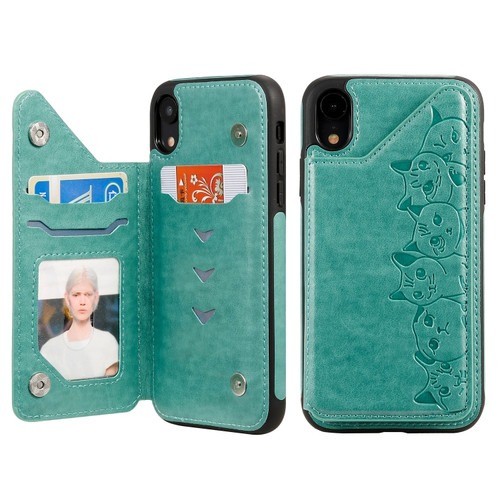 iPhone XR Six Cats Embossing Pattern Protective Case with Holder & Card Slots & Photo Frame - Green