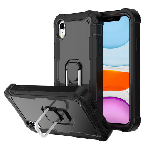 iPhone XR PC + Rubber 3-layers Shockproof Protective Case with Rotating Holder - Black